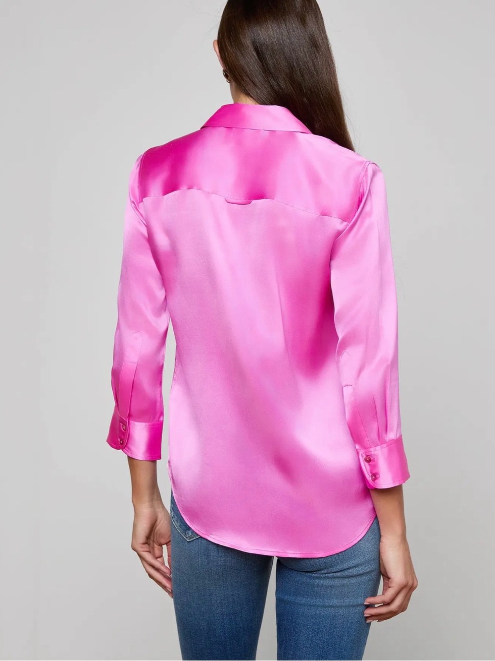 L'AGENCE Fuchsia Satin Button-Front Blouse - Picture 2 of 5